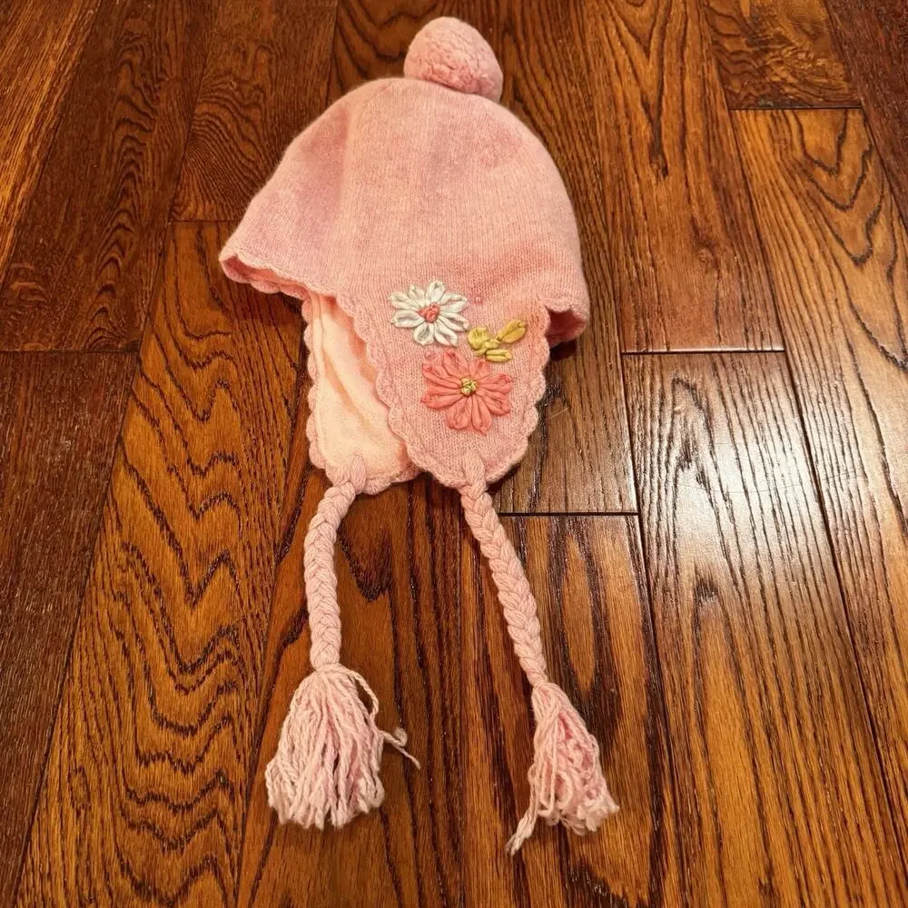 H&M Germany Girls 6-8 Y Scarf Hat Mittens Pink Flowers Lambs Wool NEW VTG Y2K